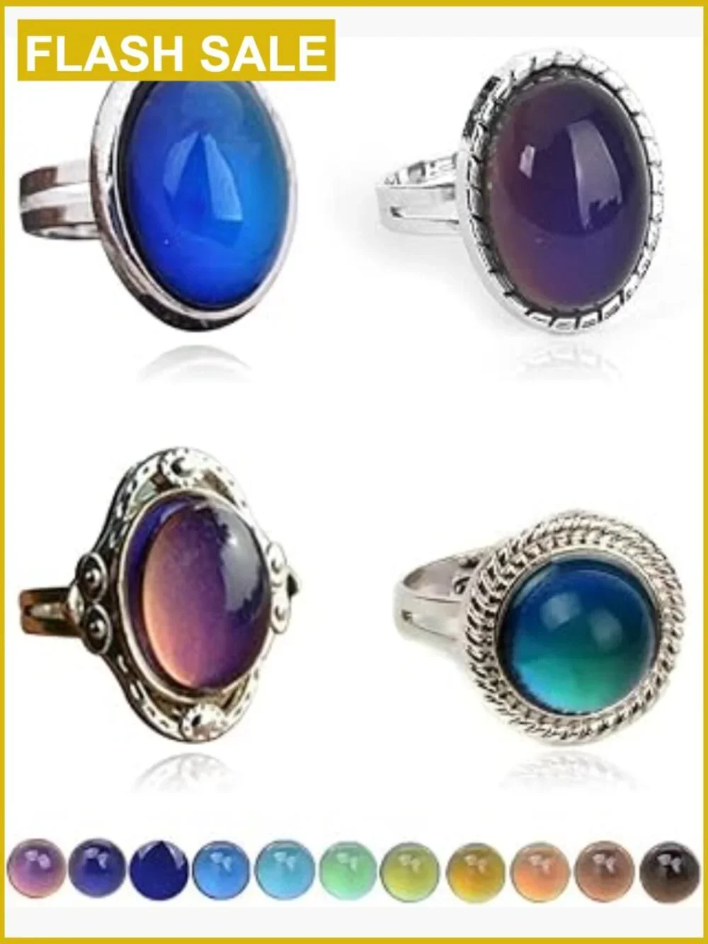 4-Piece Adjustable Mood Ring Set - Oval Gemstone Crystals
